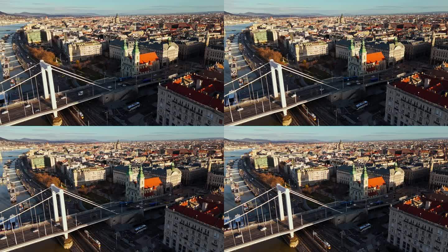 空中无人机拍摄的伊丽莎白桥由布达佩斯城市景观在晴朗的一天，匈牙利