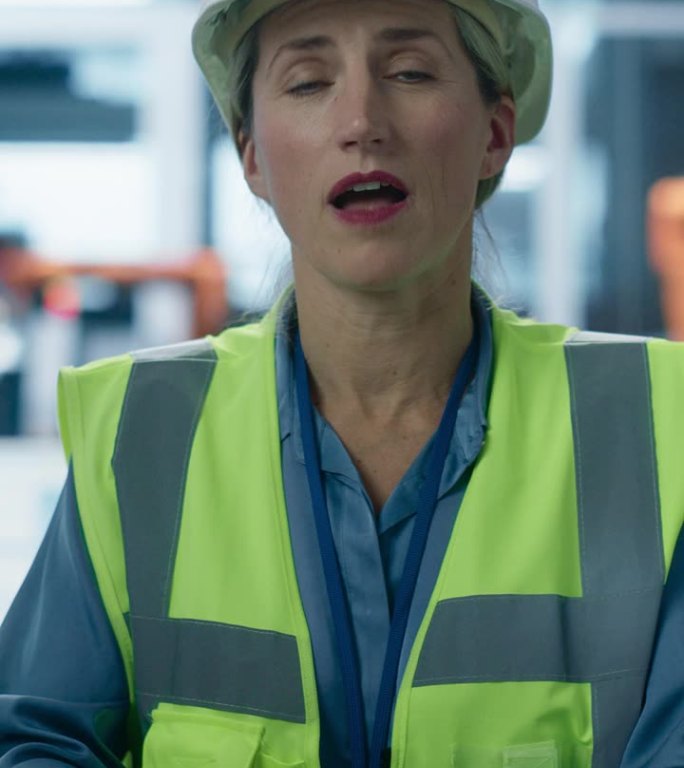 竖屏:白人女总监在工厂办公室与汽车公司财务部视频通话的镜头。戴安全帽的妇女，用机械臂讨论自主生产