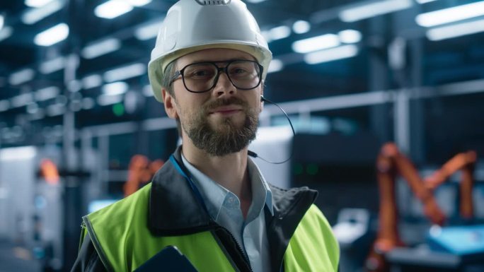成年白人男性生产主管的肖像，戴着眼镜，微笑着看着镜头。在工业工厂的机械臂装配线上，戴着安全帽和反光夹