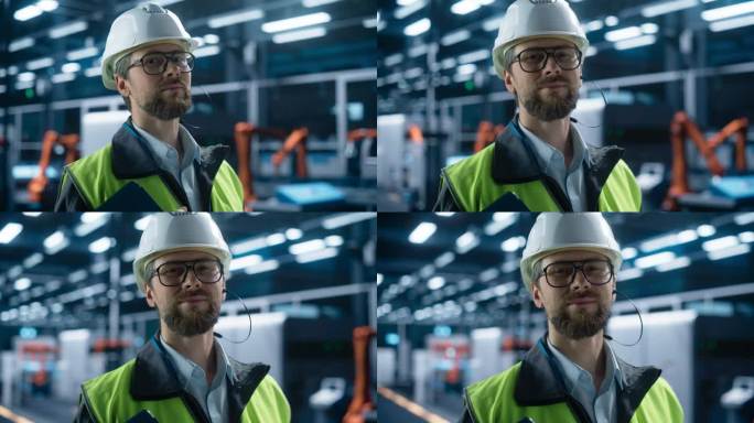 成年白人男性生产主管的肖像，戴着眼镜，微笑着看着镜头。在工业工厂的机械臂装配线上，戴着安全帽和反光夹