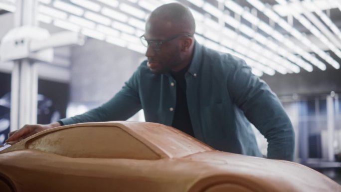 一个有创意的非洲汽车建模师的肖像，他在用橡皮泥建模粘土制作的概念车上工作。黑人设计师用抹刀平滑现代电