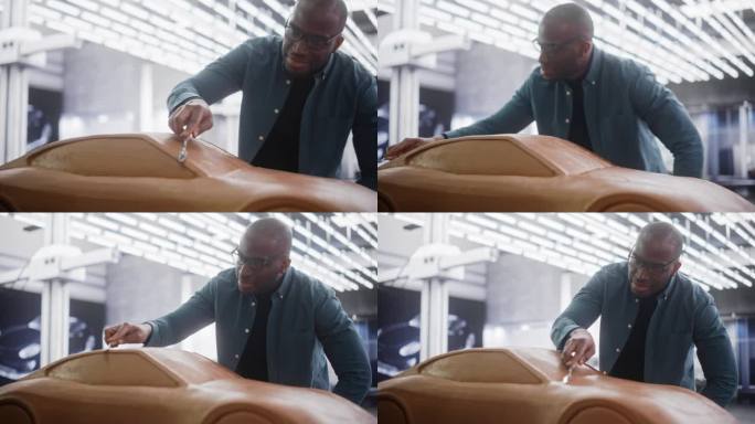 一个有创意的非洲汽车建模师的肖像，他在用橡皮泥建模粘土制作的概念车上工作。黑人设计师用抹刀平滑现代电