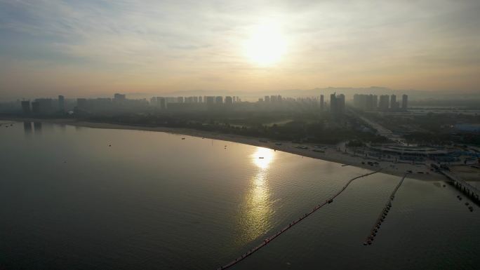 辽宁鲅鱼圈朝霞日出山海广场城市风光航拍