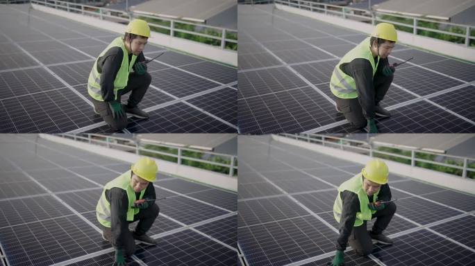 安装后工程师检查太阳能电池系统。