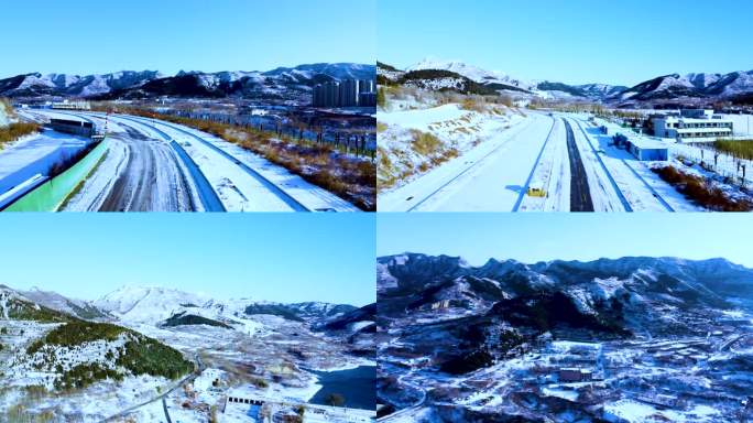 航拍大雪后济南南部山区风景