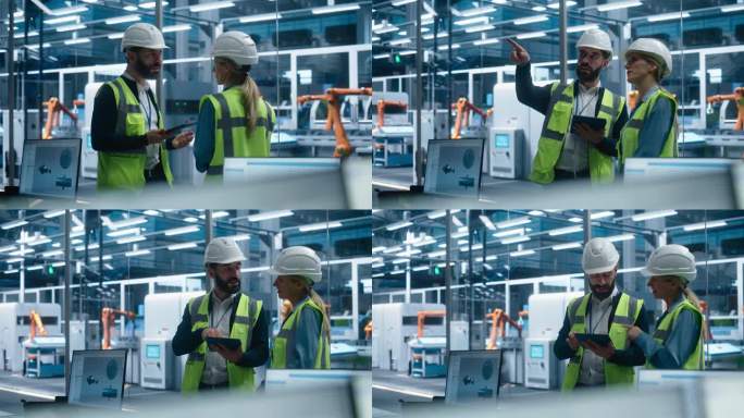 西班牙裔男性工艺工程师使用平板电脑，与白人女性主管交谈，在自动化的机械手臂装配线上。同事们戴着安全帽