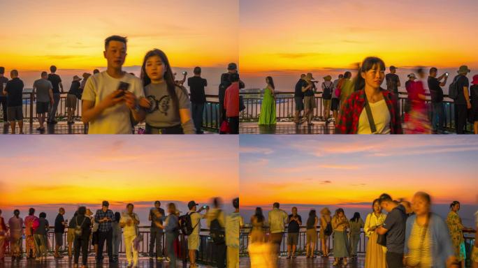 海南三亚鹿回头公园市民游客观赏日落人流