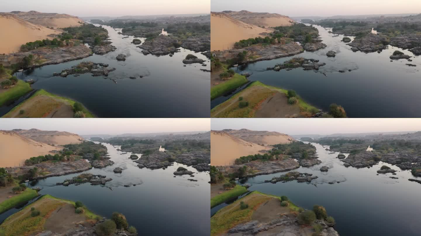 无人机拍摄的尼罗河群岛日出低飞