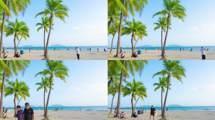 海南三亚蓝天白云下的椰林沙滩大海旅游延时