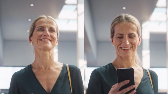 垂直屏幕:一个快乐的白人女性在公司办公室用智能手机发短信，微笑着走着。市场经理检查社交媒体趋势并保持