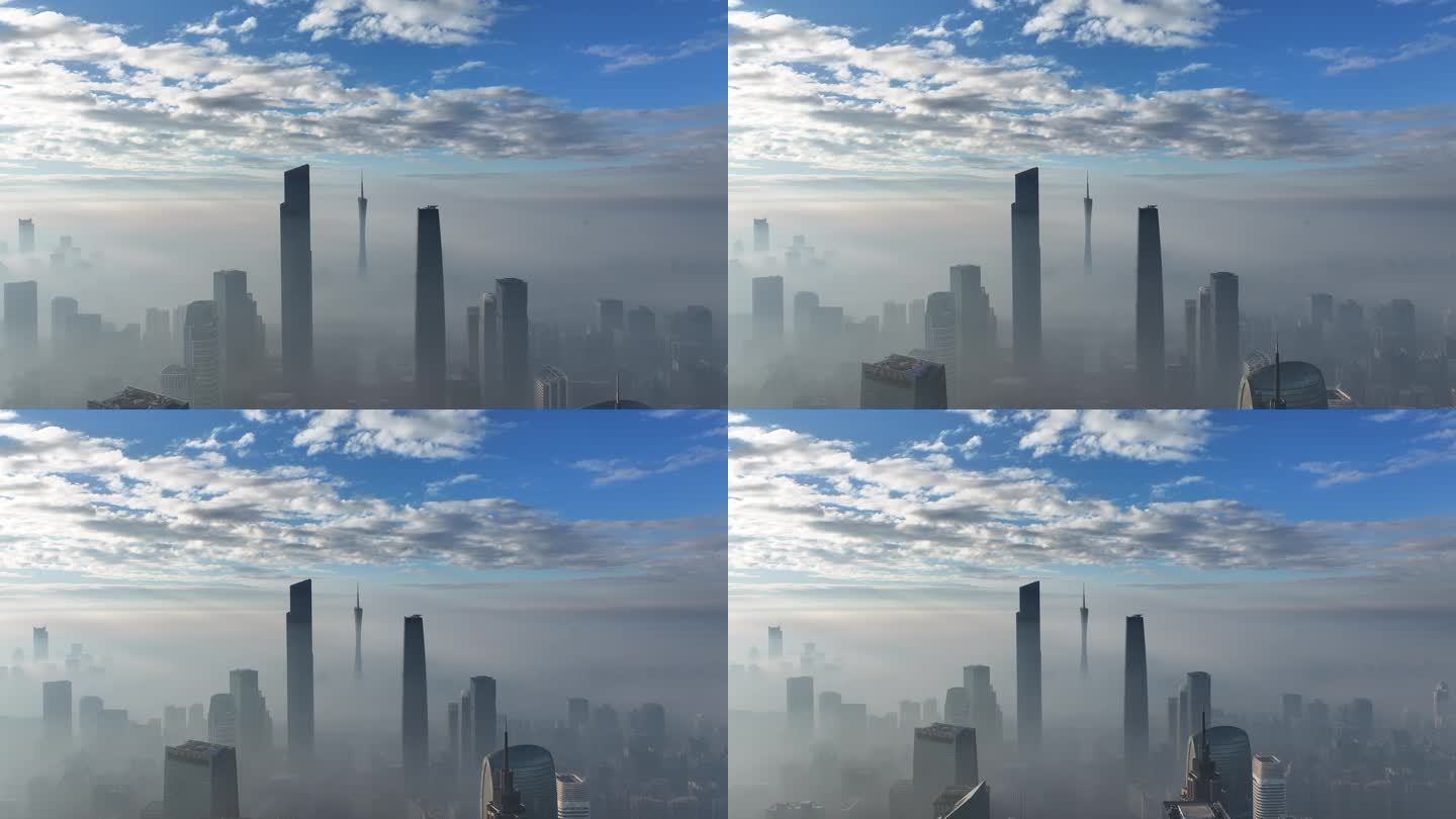 航拍穿越早晨云雾弥漫的广州珠江新城双塔