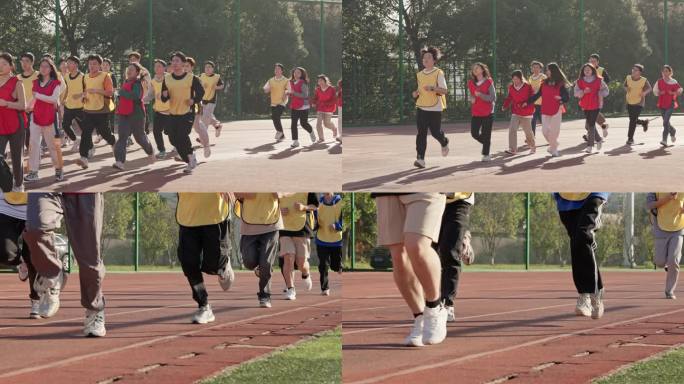大学生运动会田径场集体自由跑步奔跑
