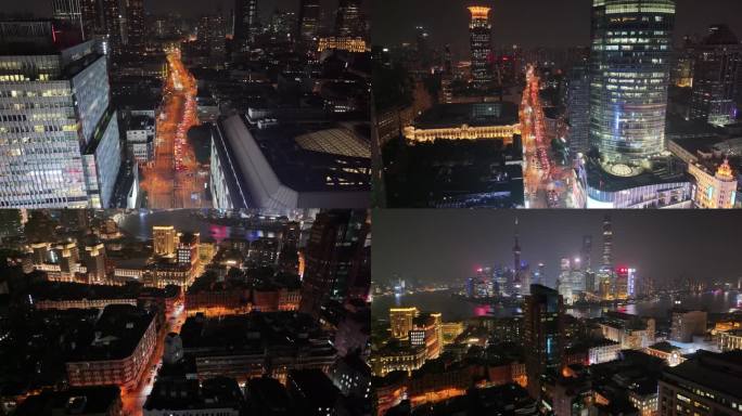 上海夜景航拍外滩南京东路黄浦区虹口区浦东