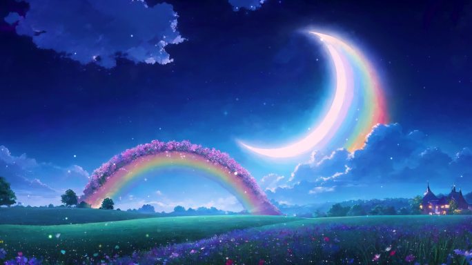 夜晚大月亮彩虹桥童话背景