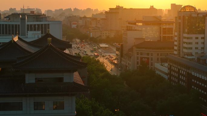 西安夕阳黄昏城市道路唯美航拍