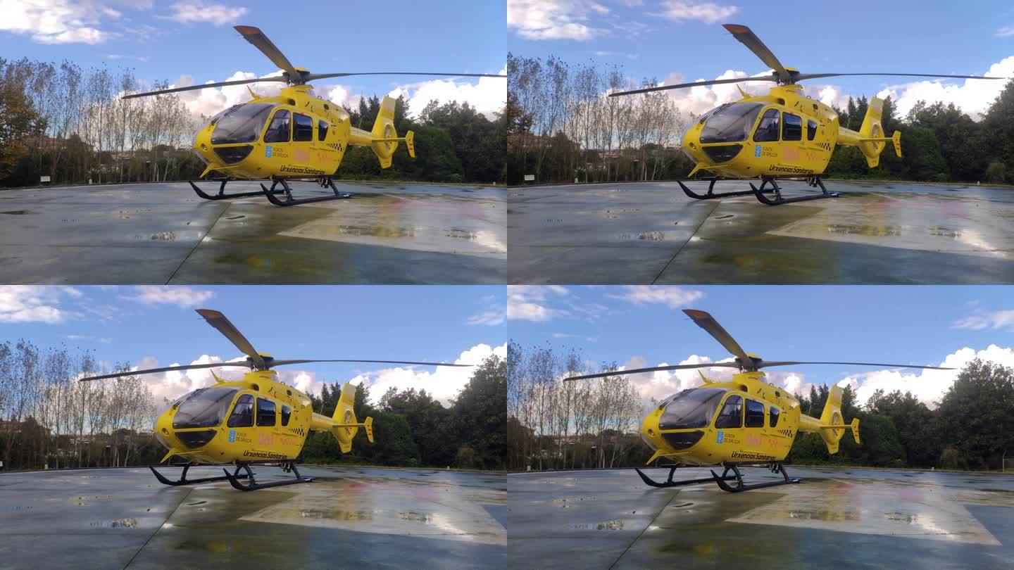 紧急医疗救护直升机停在公立医院直升机场