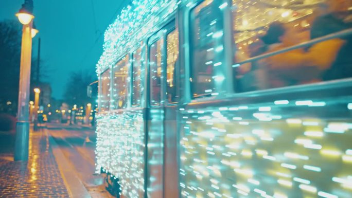 手持拍摄的照明装饰有轨电车在城市街道上移动与sz<s:1> chenyi链桥背景在布达佩斯，匈牙利的