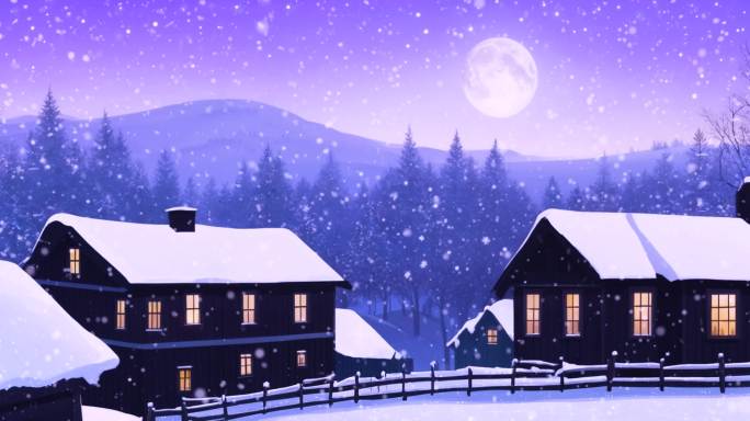 雪天月夜村庄场景