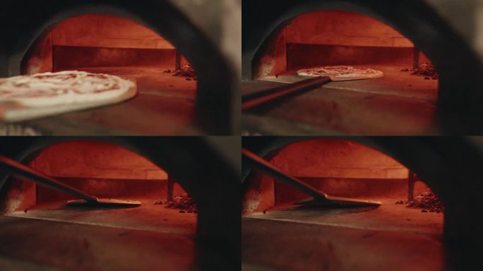 专业披萨师将那不勒斯披萨放入特制烤箱