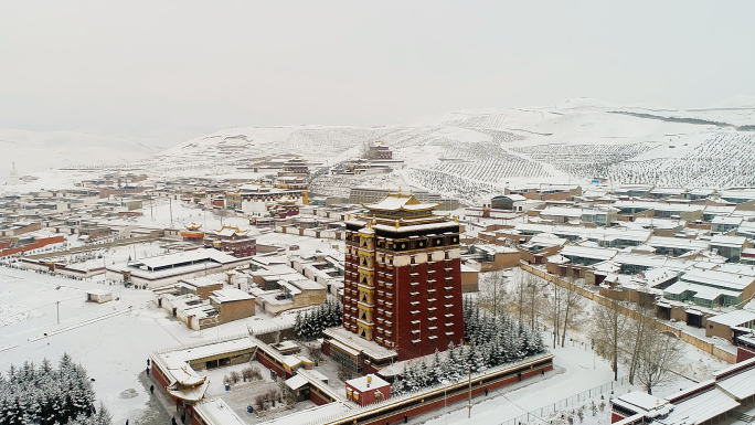 甘南米拉日巴佛阁城市草原雪景航拍