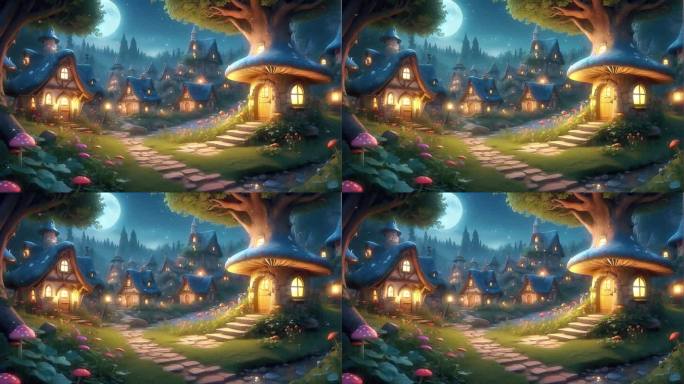 4K卡通动画童话梦幻唯美蘑菇房子背景