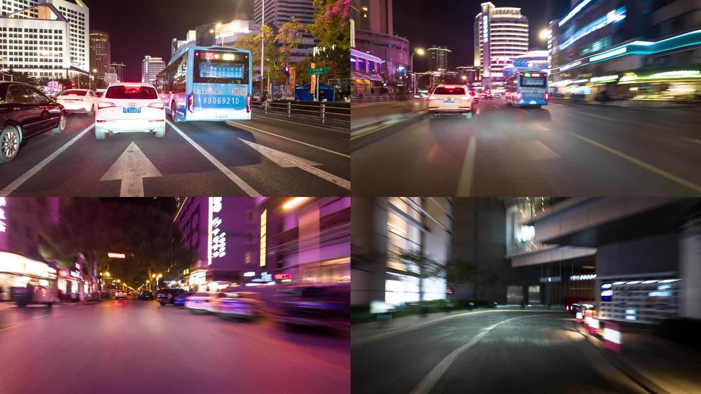 汽车行驶在城市街道晚上延时摄影