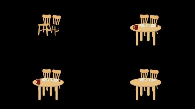 餐桌上美味的食物与椅子的概念动画与阿尔法频道。