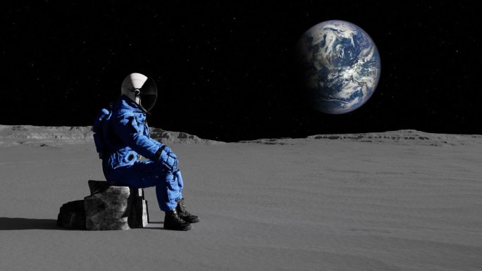 焦虑的宇航员独自坐在月球石上。
