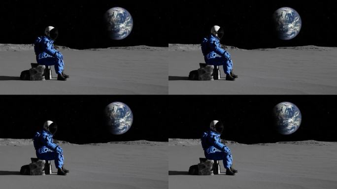 焦虑的宇航员独自坐在月球石上。