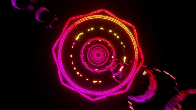 迪斯科hud隧道闪烁的紫色和黄色灯光与旋转元素vj循环3d渲染。抽象的梦幻时空旅行。全视人工智能概念