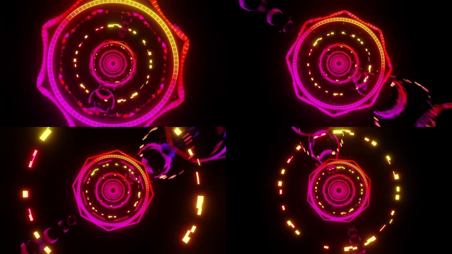 迪斯科hud隧道闪烁的紫色和黄色灯光与旋转元素vj循环3d渲染。抽象的梦幻时空旅行。全视人工智能概念