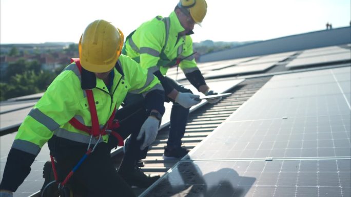 两名技术人员正在仓库的屋顶上安装太阳能电池板，将太阳能转化为电能，供工厂使用。