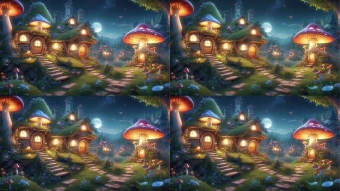4K卡通动画童话唯美梦幻蘑菇房子背景
