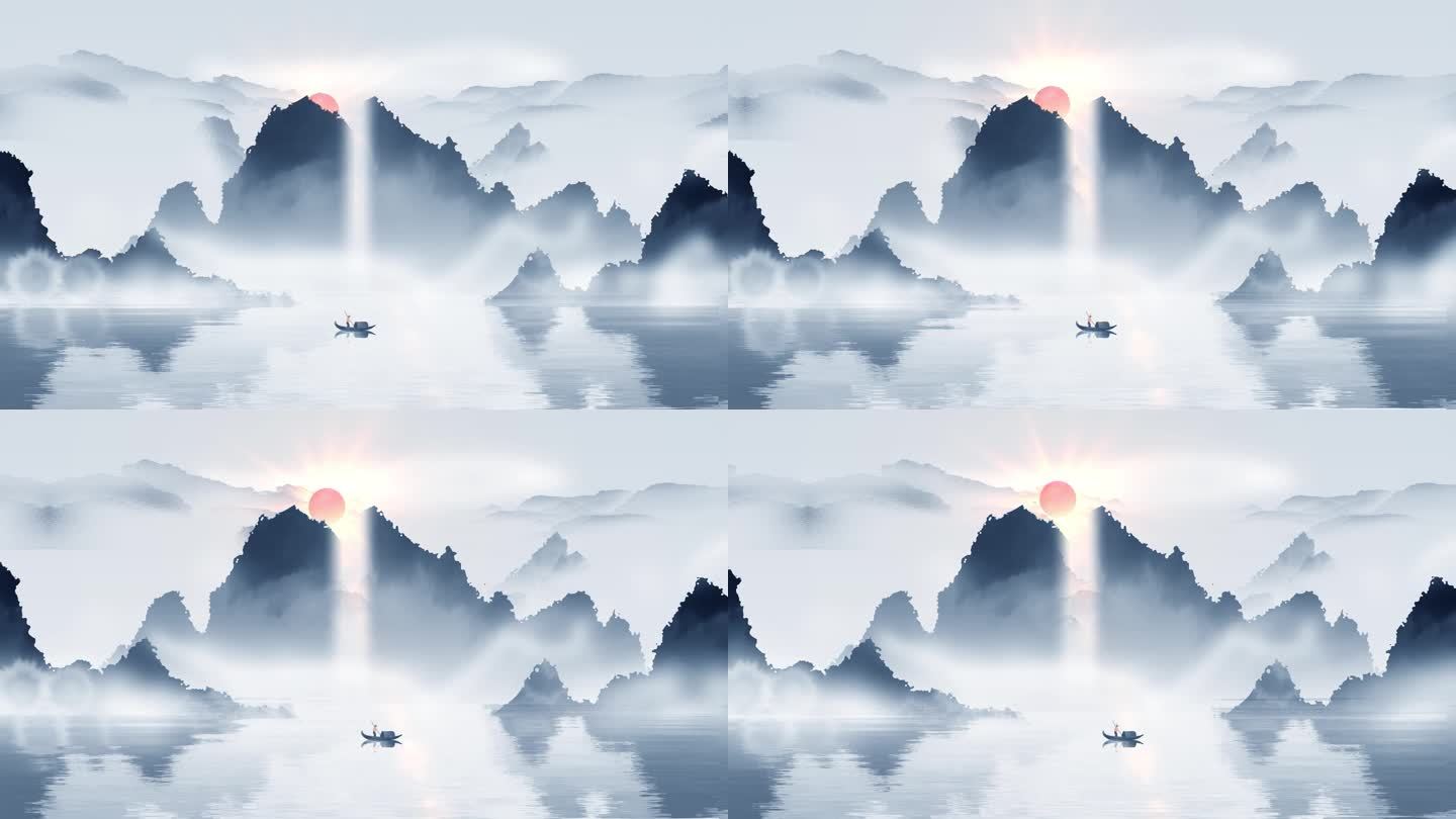 4K中国风水墨日出动态背景视频