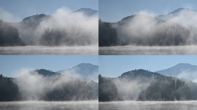 湖中雾气渐渐散去的延时风景