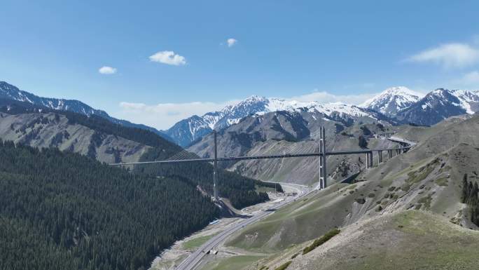 4K航拍新疆五月夏季人在果子沟大桥观景台