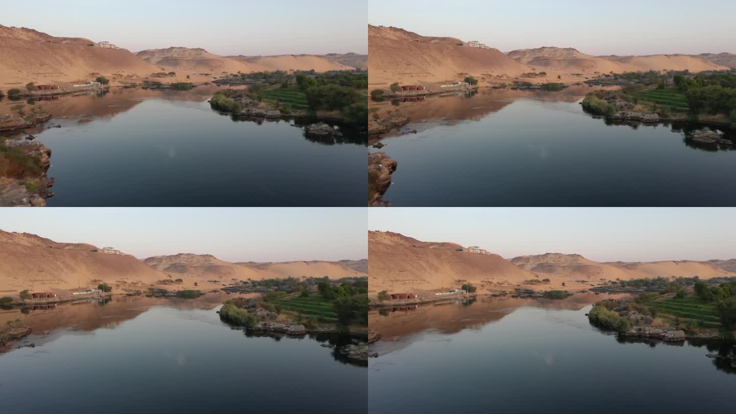 在埃及阿斯旺，尼罗河和岛屿的低空无人机FPV拍摄。