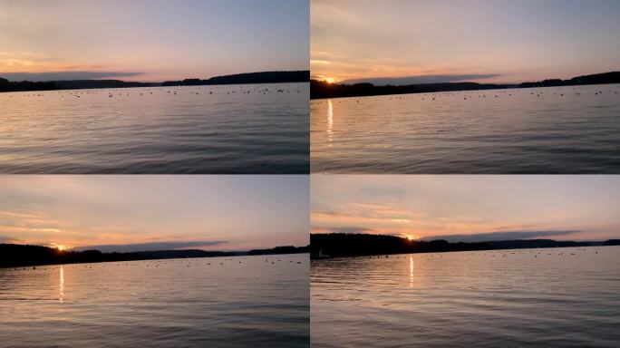 美丽的夕阳映在湖面上