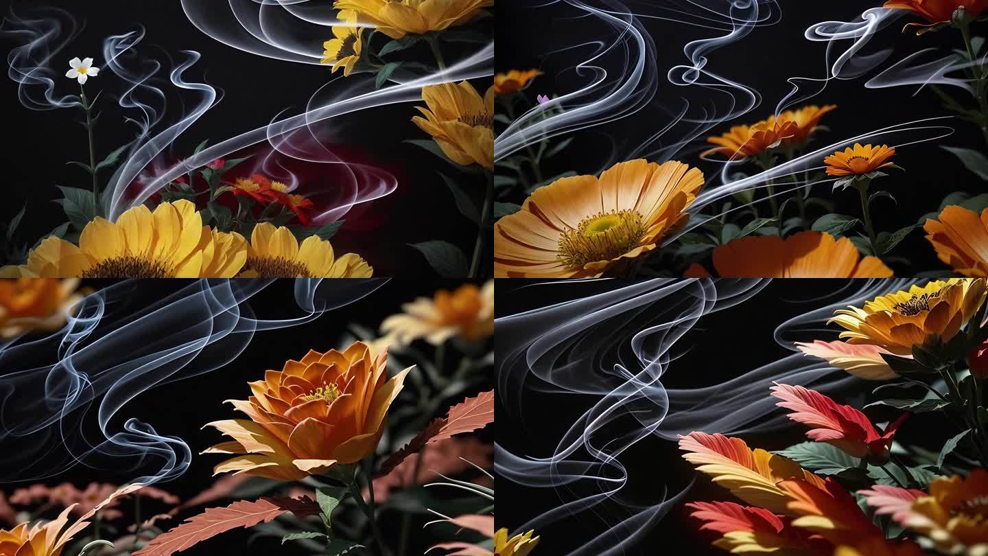 AI抽象艺术花朵 禅意 古风 烟雾缭绕