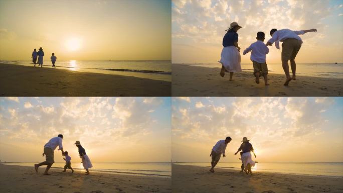 一家三口沙滩奔跑幸福生活亲子户外陪伴孩子