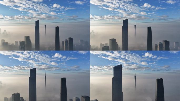 航拍穿越早晨云雾弥漫的广州珠江新城双塔