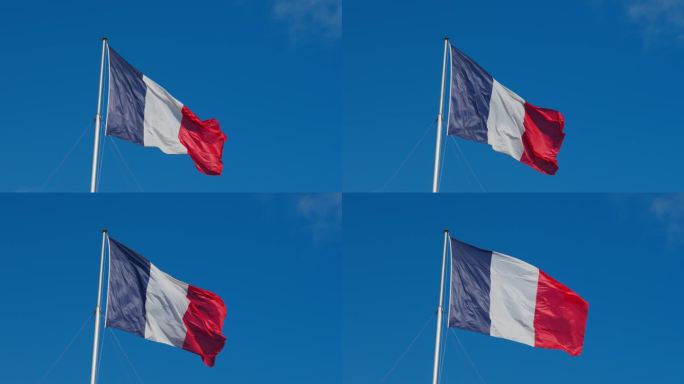 法国国旗是一个三色旗，在晴朗的日子里，法国的蓝天背景上有三条垂直的蓝、白、红条纹