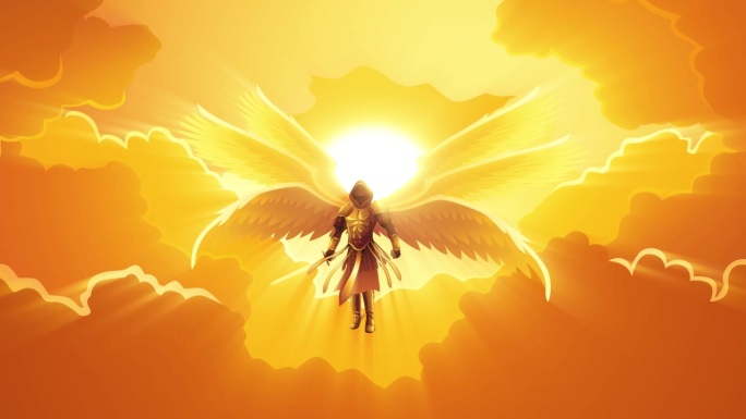 长着六只翅膀的大天使握着剑在天空中飞翔