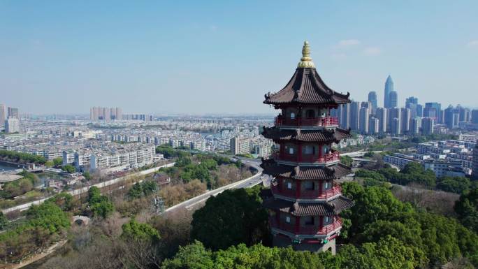 浙江绍兴迪荡新城和文笔塔航拍城市天际线