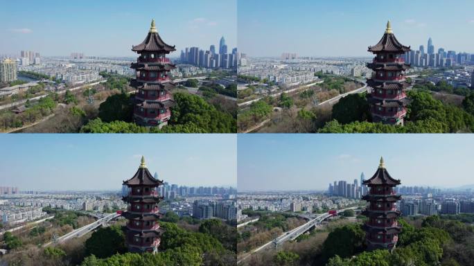 浙江绍兴迪荡新城和文笔塔航拍城市天际线