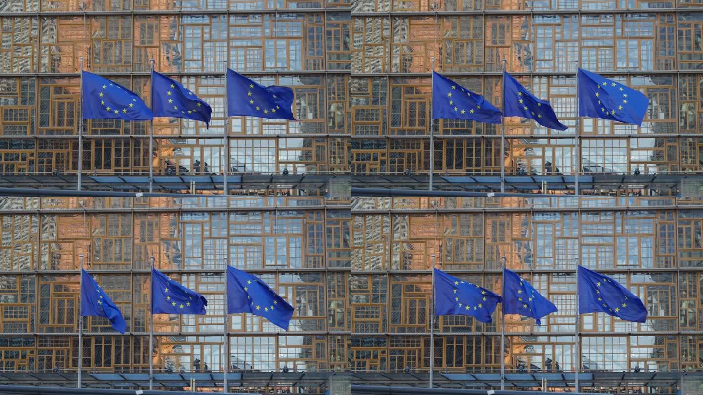 比利时布鲁塞尔Berlaymont大厦和欧盟委员会前的欧盟旗帜的实时画面