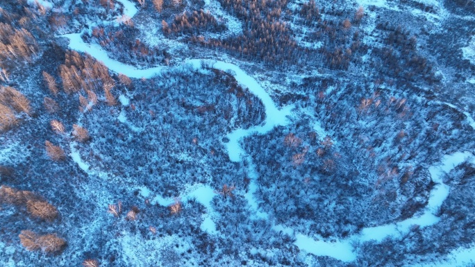 航拍冰雪覆盖的冻土森林湿地