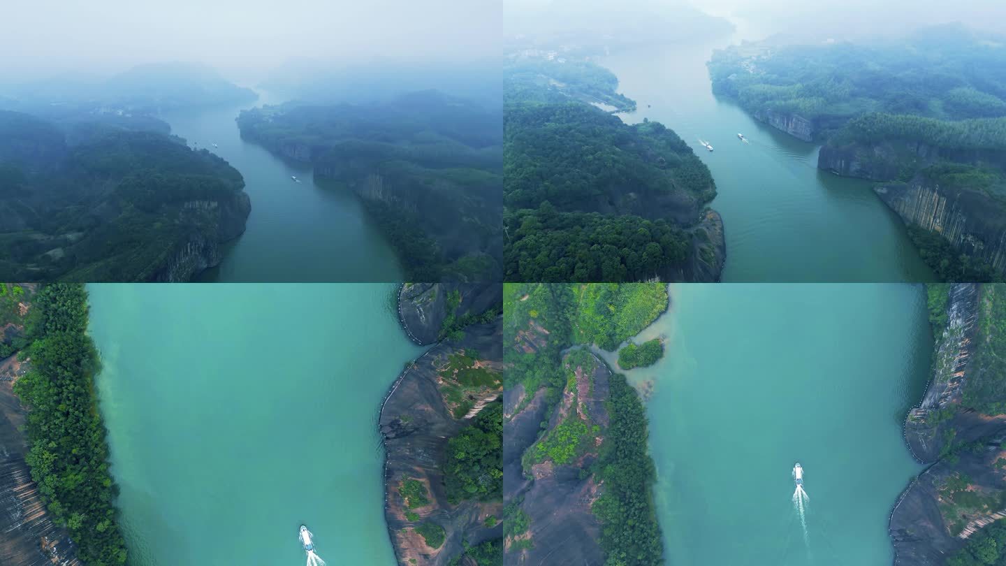江面雾水面起雾，郴州高椅岭景色，江面游艇