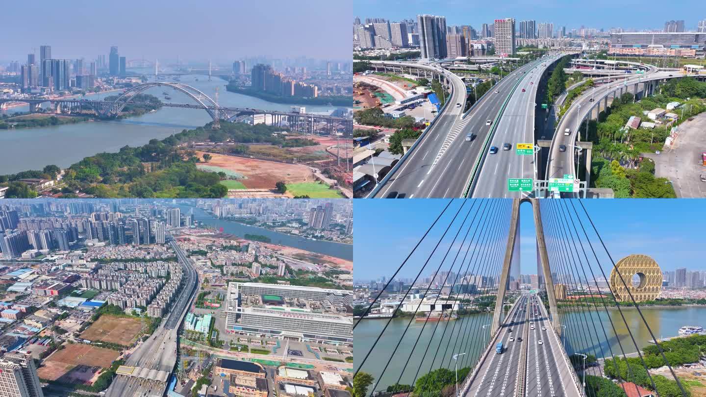 广州番禺区东沙立交桥大桥航拍车流城市交通