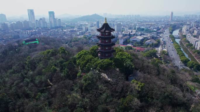 浙江绍兴迪荡新城和文笔塔航拍城市天际线